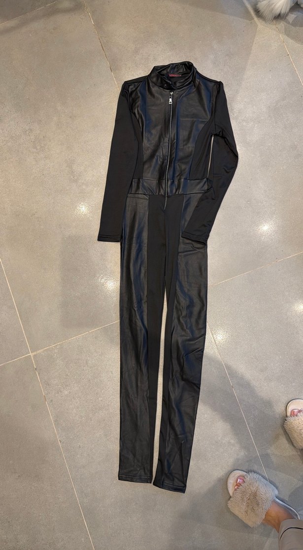 Kadın Siyah Deri Uzun Tulum - Görsel 2