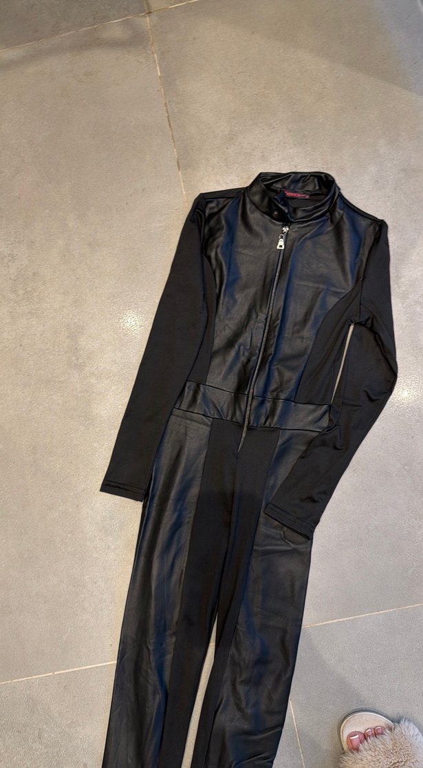 Kadın Siyah Deri Uzun Tulum - Görsel 5