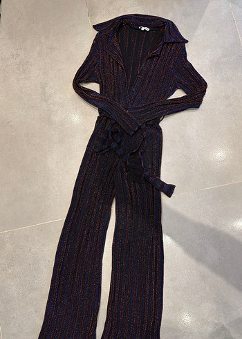 Kadın iki Renkli simli şık Triko Uzun Tulum - Görsel 2