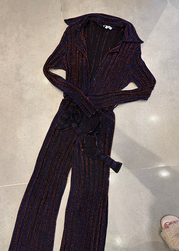 Kadın iki Renkli simli şık Triko Uzun Tulum - Görsel 3