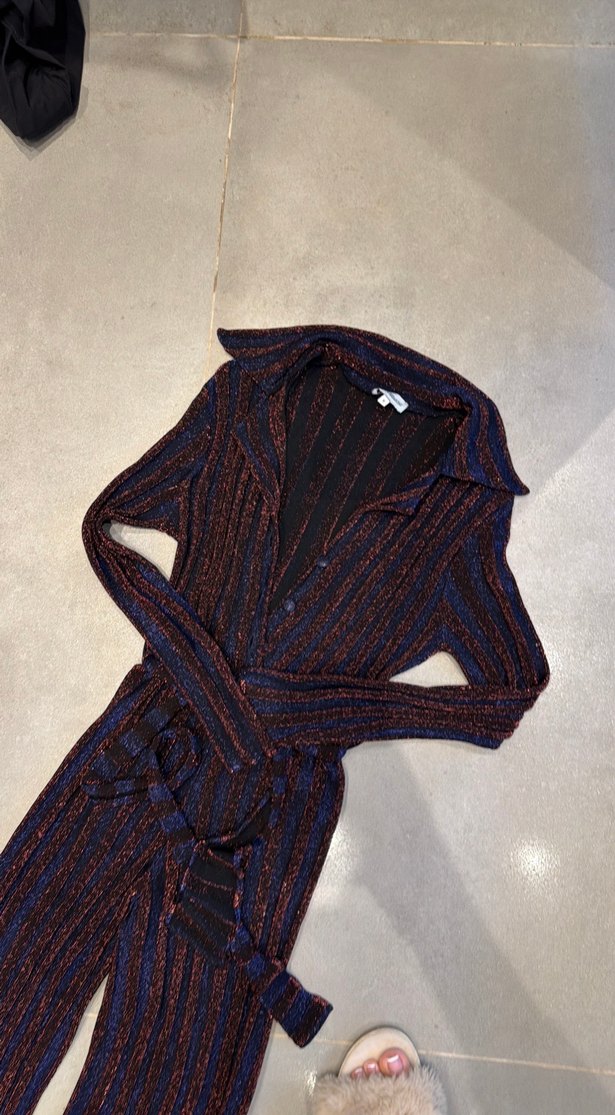 Kadın iki Renkli simli şık Triko Uzun Tulum - Görsel 5