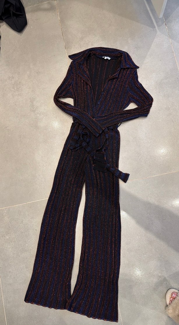 Kadın iki Renkli simli şık Triko Uzun Tulum - Görsel 2