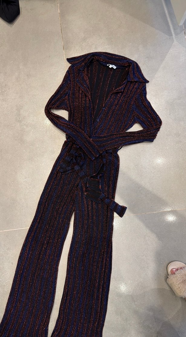 Kadın iki Renkli simli şık Triko Uzun Tulum - Görsel 3