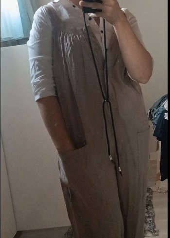 Bej Keten Kadın Midi Tulum V Yaka Düğmeli - Görsel 3