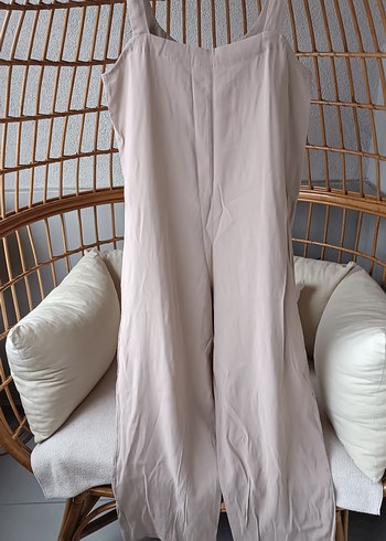 Bej Keten Kadın Midi Tulum V Yaka Düğmeli - Görsel 2