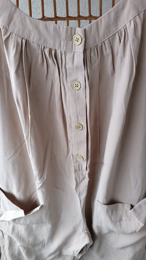 Bej Keten Kadın Midi Tulum V Yaka Düğmeli - Görsel 5