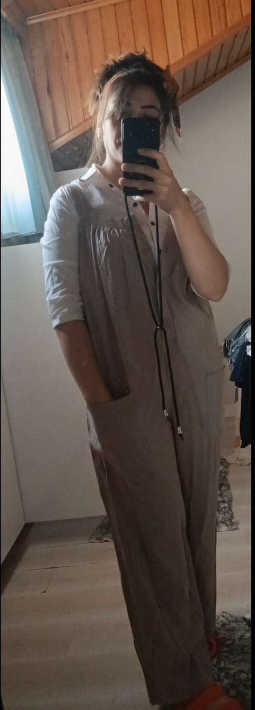 Bej Keten Kadın Midi Tulum V Yaka Düğmeli - Görsel 3