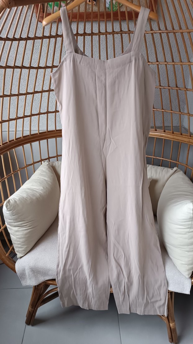 Bej Keten Kadın Midi Tulum V Yaka Düğmeli - Görsel 2