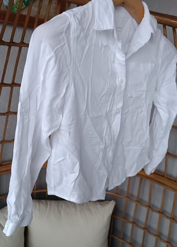 Kadın Beyaz Keten Düğmeli Gömlek - Görsel 2