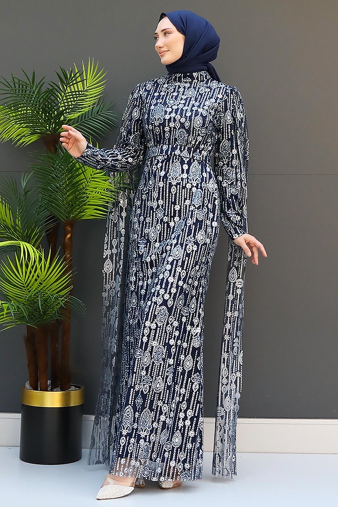 tesettür abiye lacivert pelerinli - Görsel 4