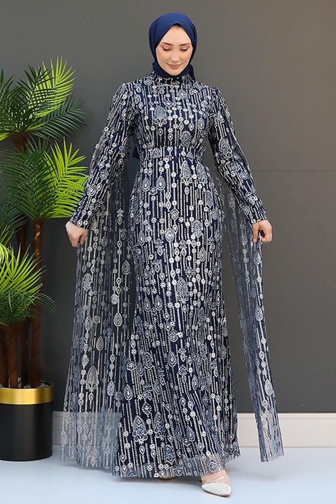 tesettür abiye lacivert pelerinli - Görsel 2