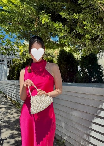 Pembe Yüksek Yakalı Midi Drapeli Kadın Elbise - Görsel 3