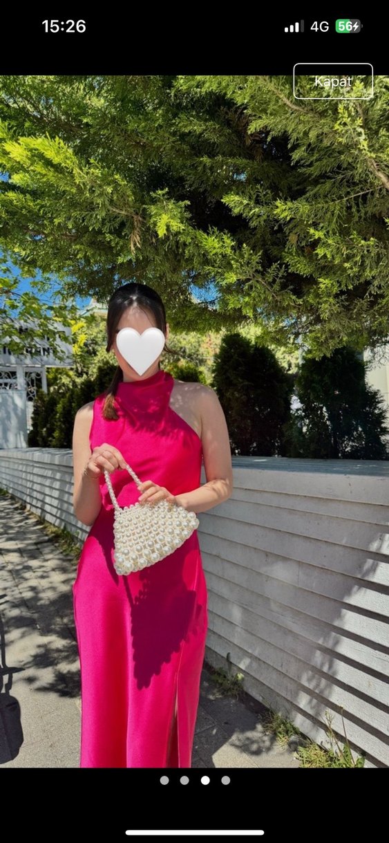 Pembe Yüksek Yakalı Midi Drapeli Kadın Elbise - Görsel 3