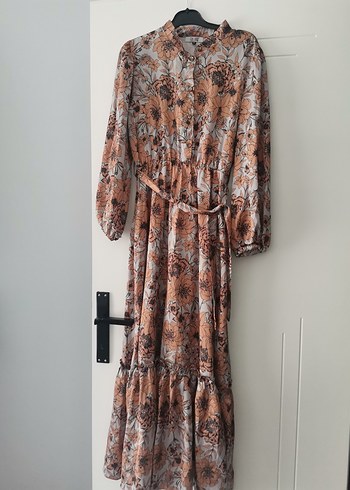 40 Beden kahverengi Renk Kahverengi Batik Desenli Uzun Elbise