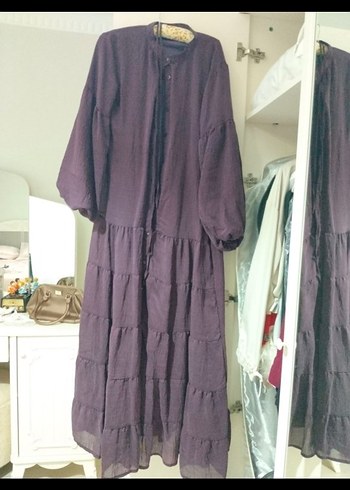 Fırfırlı Mor Uzun Pamuklu Elbise - Görsel 2