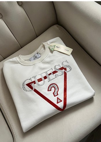 Beyaz Guess Baskılı Oversize Sweatshirt - Görsel 2