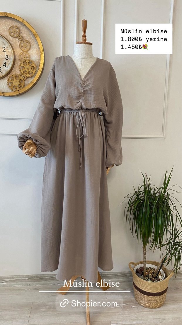 Bej V Yaka Uzun Keten Elbise - Görsel 2