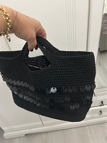 Beden siyah Renk El örgü şık pullu çanta