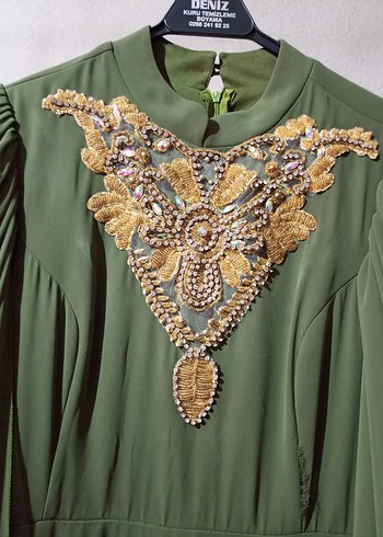 Nakışlı Uzun Haki Elbise - Görsel 2