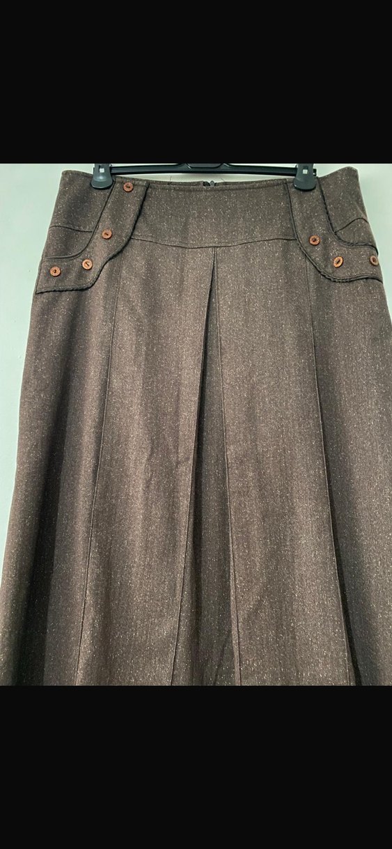 Düğmeli Kahverengi Midi Keten Etek - Görsel 2