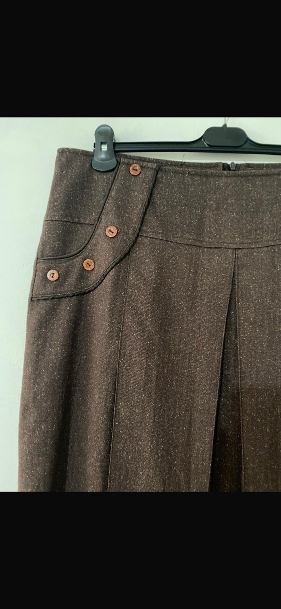 Düğmeli Kahverengi Midi Keten Etek - Görsel 3