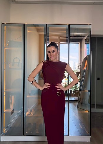 Bordo Drapeli Maxi Kadın şık Elbise - Görsel 3