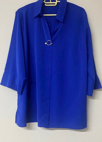 Mavi ipek Gömlek Yaka Kadın Bluz - Görsel 2