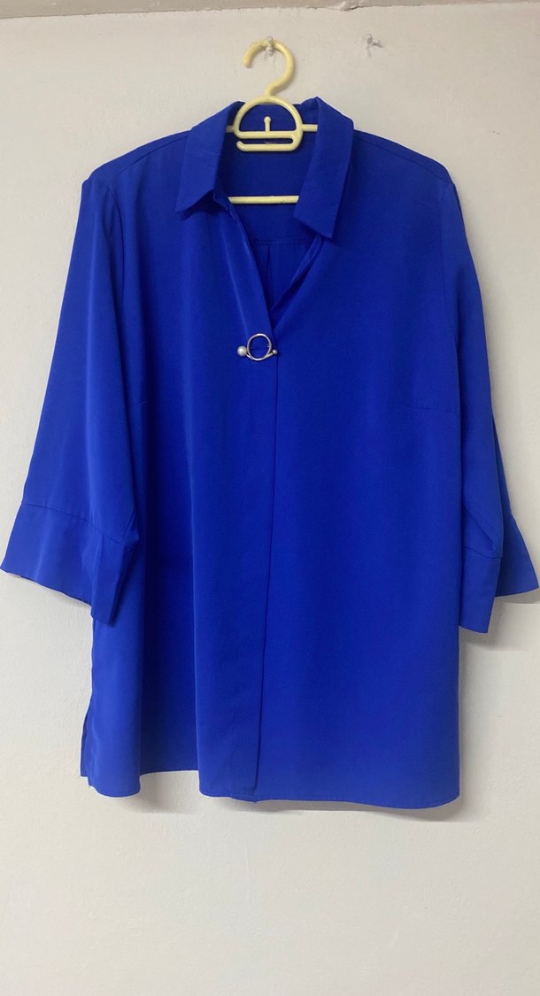 Mavi ipek Gömlek Yaka Kadın Bluz - Görsel 2