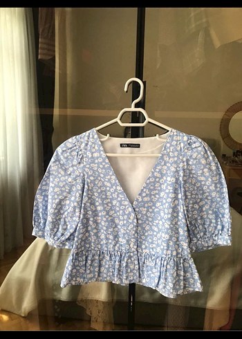 Zara Mavi V Yaka Kısa Kollu Salaş Bluz