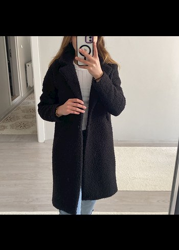 s Beden Siyah Peluş Detaylı Midi Kaban