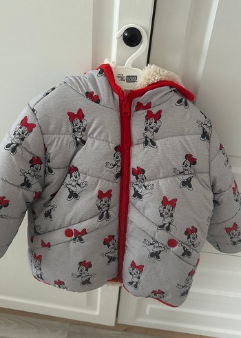 Kız Çocuk Gri Minnie Baskılı Kapüşonlu Mont