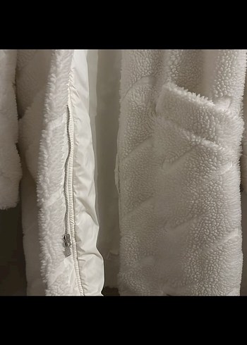 Beyaz Peluş Kadın Kışlık Midi Mont - Görsel 5