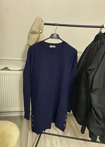 Düğmeli Lacivert Kadın Midi Sweatshirt