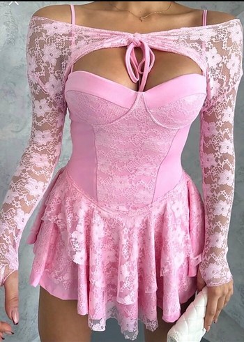 Dantel Detaylı Pembe Mini Elbise - Görsel 2