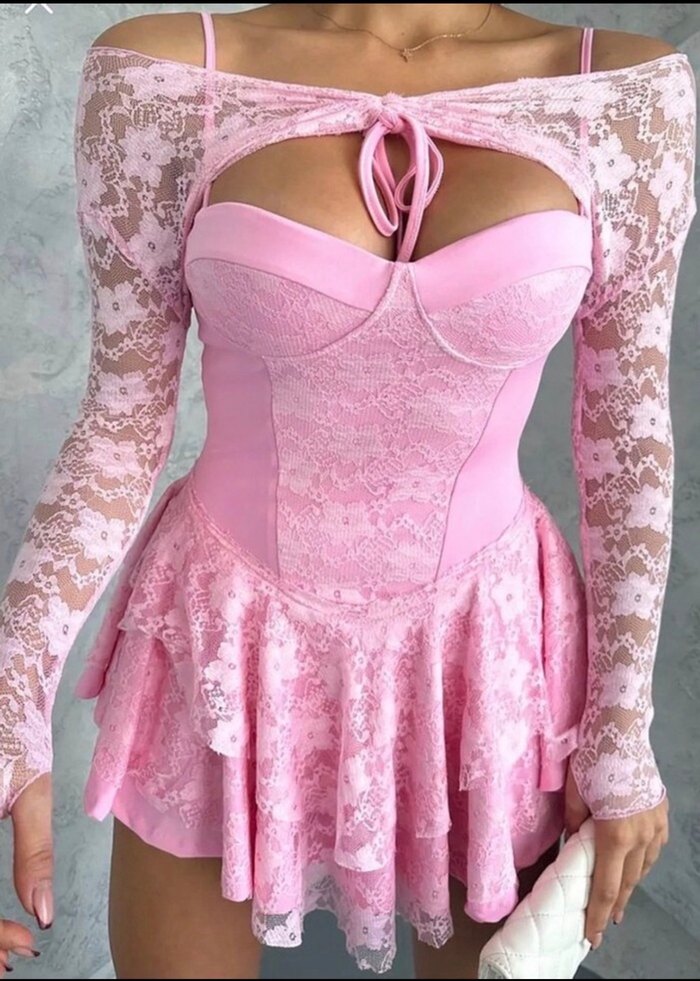 Dantel Detaylı Pembe Mini Elbise - Görsel 2