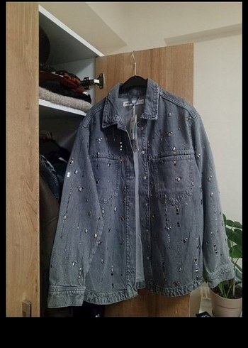 Parlak Taşlı Gri Jean Kot Gömlek Ceket - Görsel 6