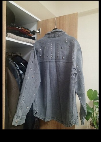 Parlak Taşlı Gri Jean Kot Gömlek Ceket - Görsel 9