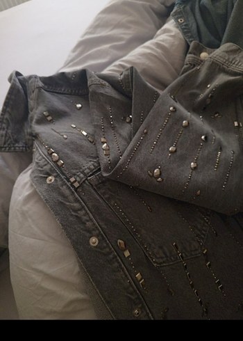 Parlak Taşlı Gri Jean Kot Gömlek Ceket - Görsel 4