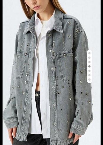 Parlak Taşlı Gri Jean Kot Gömlek Ceket - Görsel 2