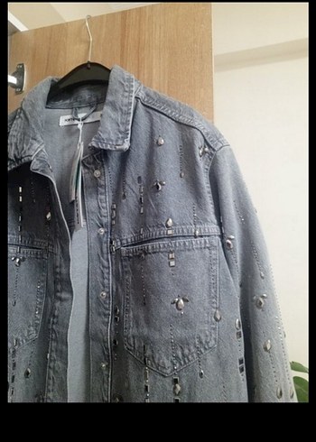 Parlak Taşlı Gri Jean Kot Gömlek Ceket - Görsel 8
