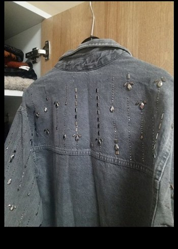 Parlak Taşlı Gri Jean Kot Gömlek Ceket - Görsel 10