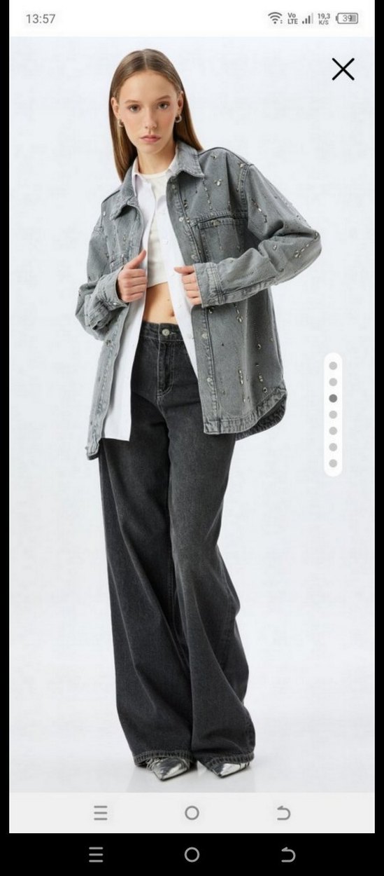Parlak Taşlı Gri Jean Kot Gömlek Ceket - Görsel 3