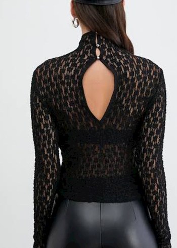 Dantel Detaylı Siyah Uzun Kollu Bluz - Görsel 4