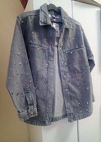 Parlak Taşlı Gri Denim Gömlek Ceket - Görsel 3