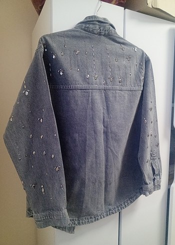 Parlak Taşlı Gri Denim Gömlek Ceket - Görsel 4