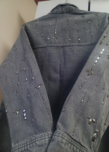 Parlak Taşlı Gri Denim Gömlek Ceket - Görsel 6