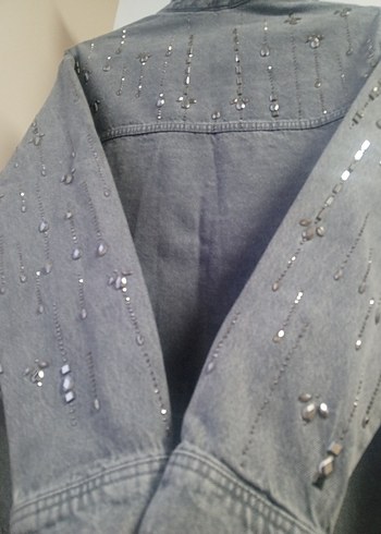 Parlak Taşlı Gri Denim Gömlek Ceket - Görsel 5