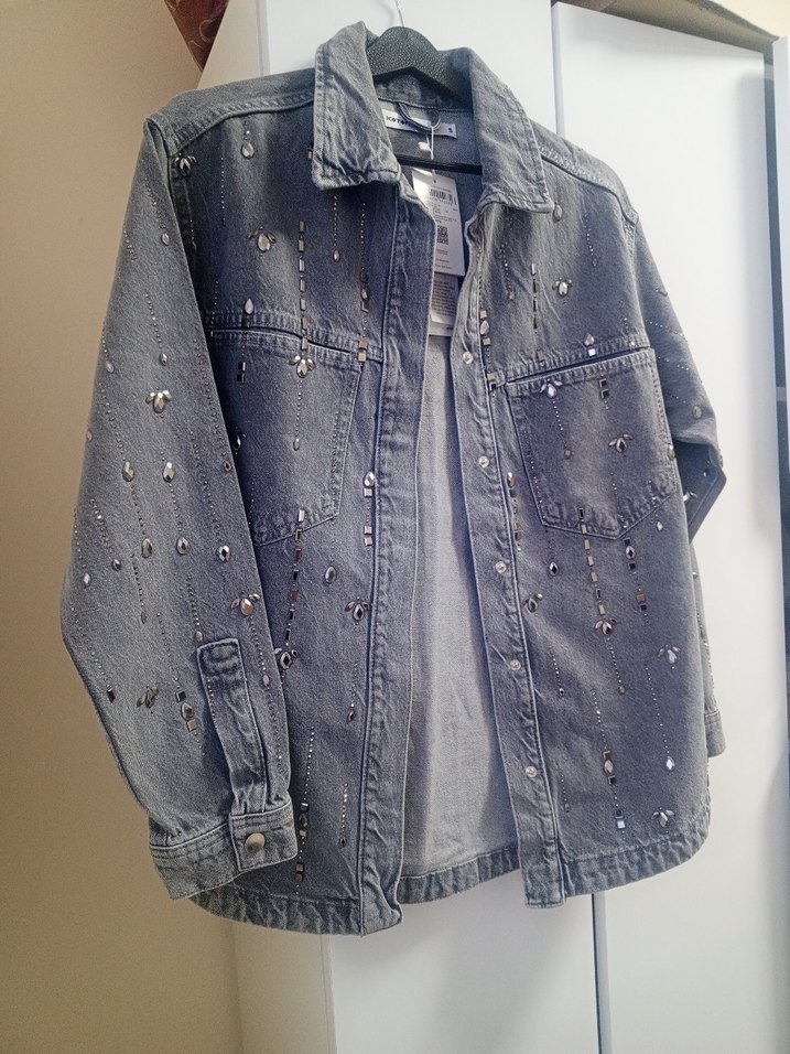 Parlak Taşlı Gri Denim Gömlek Ceket - Görsel 3