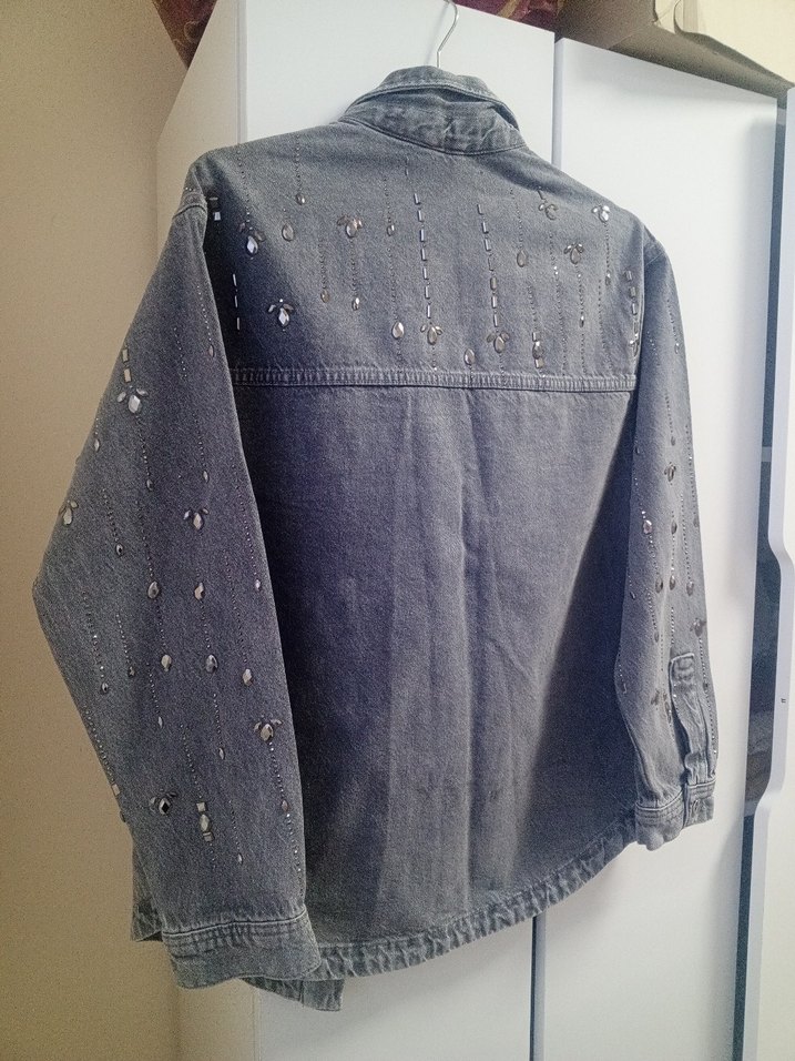 Parlak Taşlı Gri Denim Gömlek Ceket - Görsel 4