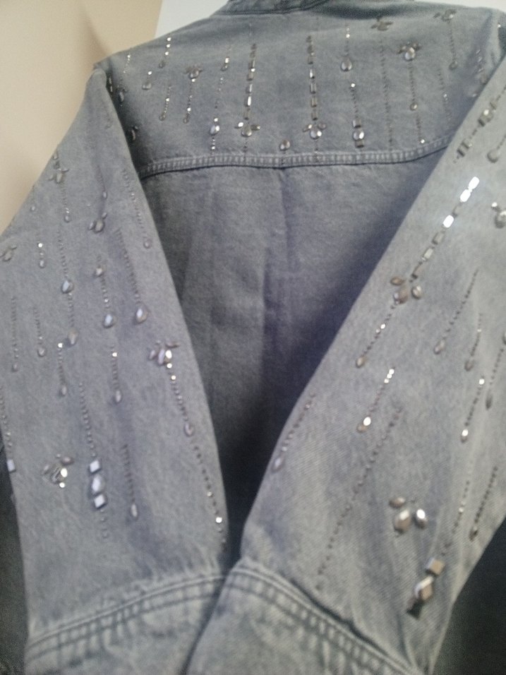 Parlak Taşlı Gri Denim Gömlek Ceket - Görsel 5